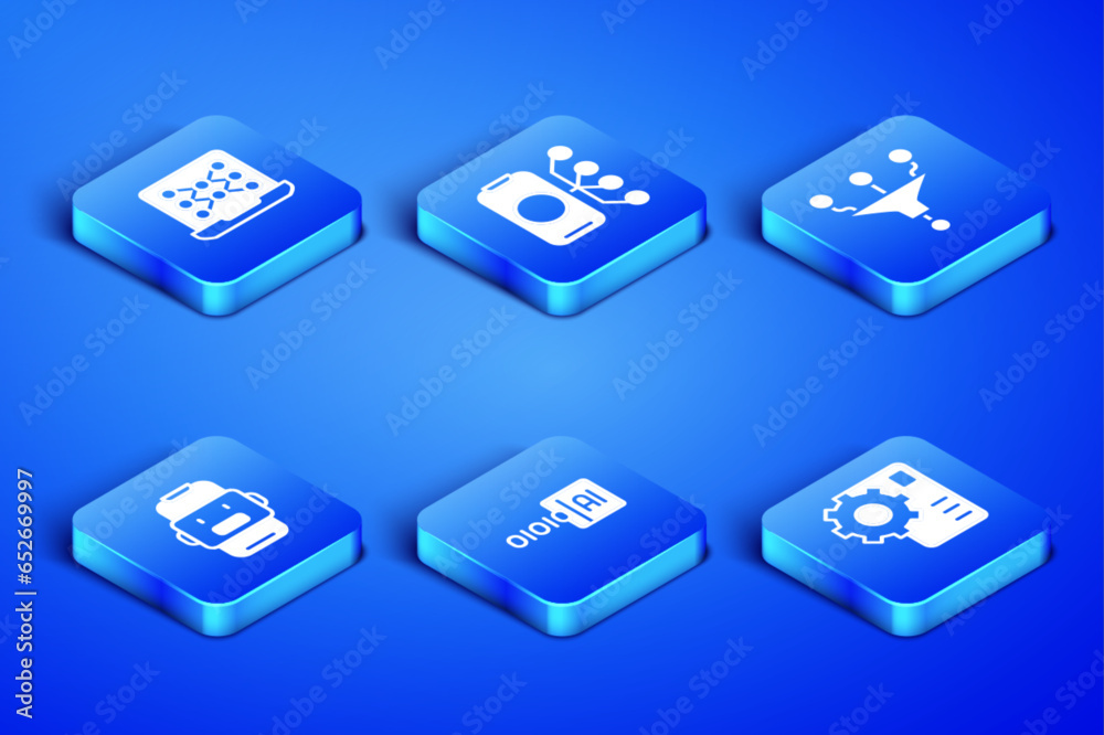 Poster set neural network, binary code, chat bot, and funnel filter icon. vector