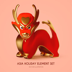 3D Traditional red Chinese Dragon. Lunar New Year character. Asia holiday design. Oriental beast. Chinese New 2024 Year.