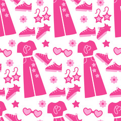 Pink seamless pattern. Print for a girl. Fashionable clothes and accessories. Vector, flat style. Perfect for textile, wallpaper or print design.