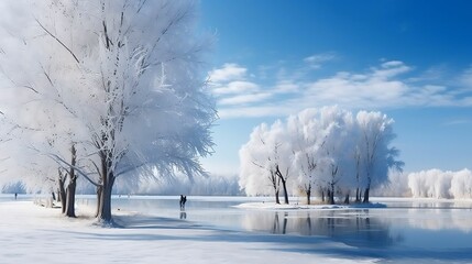 Skaters glide gently over frozen lake, creating beauty