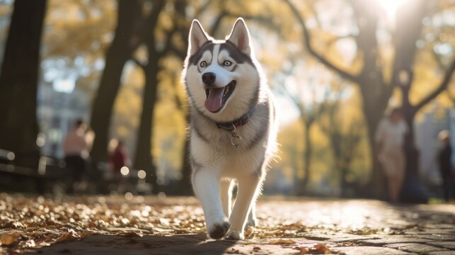 Portrait of happy and gorgeous Siberian Husky dog with tonque hanging out standing in the bright mysterious golden autumn forest at sunset