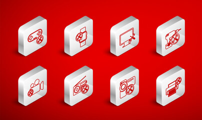 Set line Printer service, Smartwatch, Computer monitor, Drill machine, Video camera, Gamepad, Radio and icon. Vector