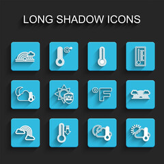 Set line Rainbow with clouds, Meteorology thermometer, Thermometer and cloud, moon, sun, UV protection, and Fahrenheit icon. Vector