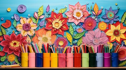 a vibrant mix of paint, crayons, colored pencils, and paper cutouts
