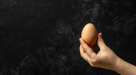 hand holding raw egg on a dark background, banner, menu, recipe place for text