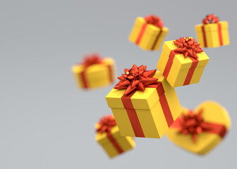 Gift boxes with ribbon and bow for Merry Christmas flying and falling on grey