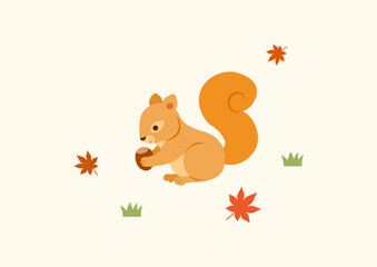 Cute squirrel holding an acorn with maple leaves. Autumn animal illustration.