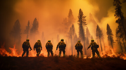 Fototapeta premium a group of firefighters on a forest fire a view from the back against the background of wildfire in the forest fiction, computer graphics