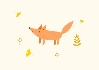Cute fox with ginkgo leaves. Autumn animal illustration.