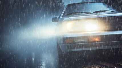 rain autumn headlights car highway fog, background with a copy of the space, oncoming car with fog lights in motion