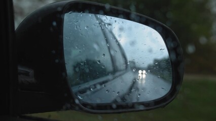 Side Mirror View of Car Driving in Heavy Rain