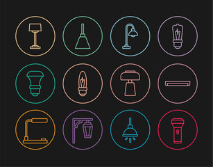 Set line Flashlight, Fluorescent lamp, Floor, Light bulb, LED, Table and Chandelier icon. Vector