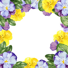 watercolor square frame with hand drawn pansy flowers and leaves, violet and yellow spring flowers, summer illustration, isolated on white background