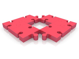 A red puzzle square with missing puzzle pieces