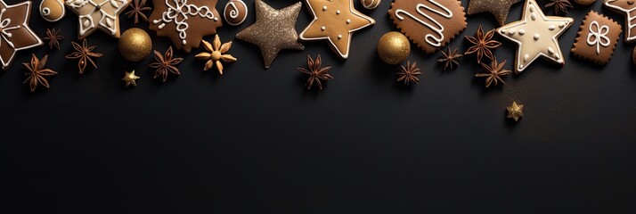 Festive, beautiful and delicious cookies on a grey Christmas and New Year background. - obrazy, fototapety, plakaty