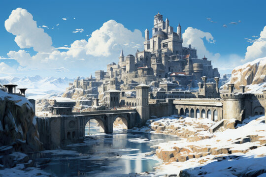 Concept Art: Fantasy Castle Landscape, Video Game Environment, RPG, Generative AI