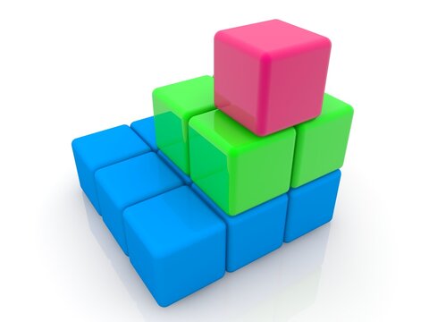 A three-level pyramid of colored toy blocks on white
