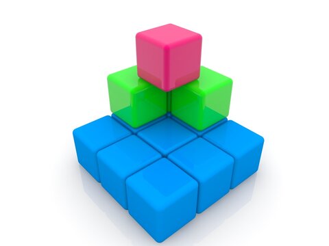 A three-level pyramid of colorful toy blocks without a stable center