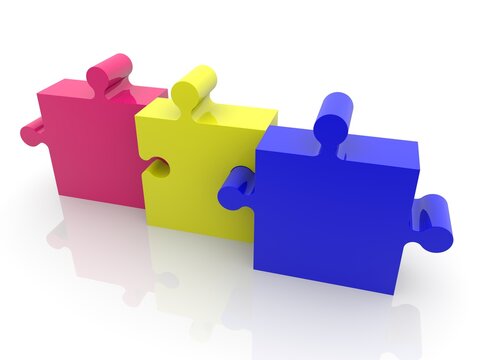 Three puzzle pieces of different colors are connected in one row