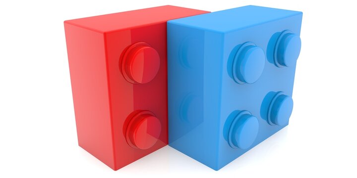 Red and blue toy bricks on white