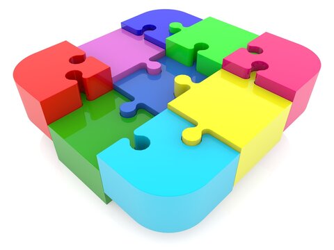 A four-color puzzle diagram with a prominent red puzzle piece