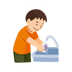 Boy washing bowl hand drawn illustration