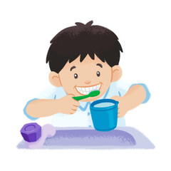 Boy brushing teeth hand drawn illustration