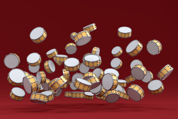 Many of flying drums or drumset on red background