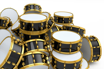 Heap of drums or drumset lying on white background