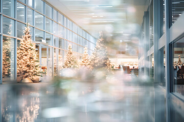 An abstract blurred office interior background at the reception center, transformed into a winter wonderland with Christmas decor. Showcase the joyful holiday atmosphere. - obrazy, fototapety, plakaty