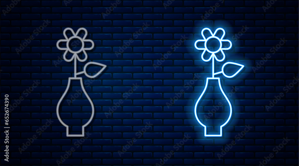 Poster Glowing neon line Flower in vase icon isolated on brick wall background. Vector