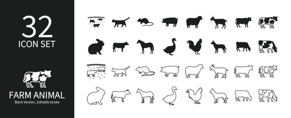 Set of icons of animals living on a farm