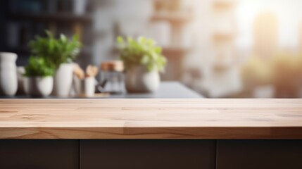 Wooden table top on blur kitchen room background.