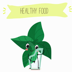 Vector cartoon character basil green and purple, funny characters. Farm fresh harvest, agricultural organic vegetables or vegetarian products, herbs, seasoning.