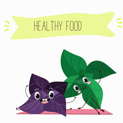 Vector cartoon character basil green and purple, funny characters. Farm fresh harvest, agricultural organic vegetables or vegetarian products, herbs, seasoning.