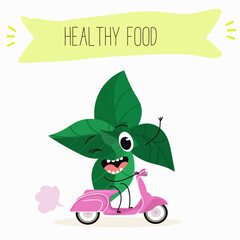 Vector cartoon character basil green and purple, funny characters. Farm fresh harvest, agricultural organic vegetables or vegetarian products, herbs, seasoning.