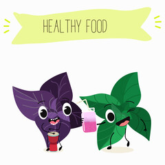 Vector cartoon character basil green and purple, funny characters. Farm fresh harvest, agricultural organic vegetables or vegetarian products, herbs, seasoning.