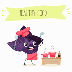 Vector cartoon character basil green and purple, funny characters. Farm fresh harvest, agricultural organic vegetables or vegetarian products, herbs, seasoning.