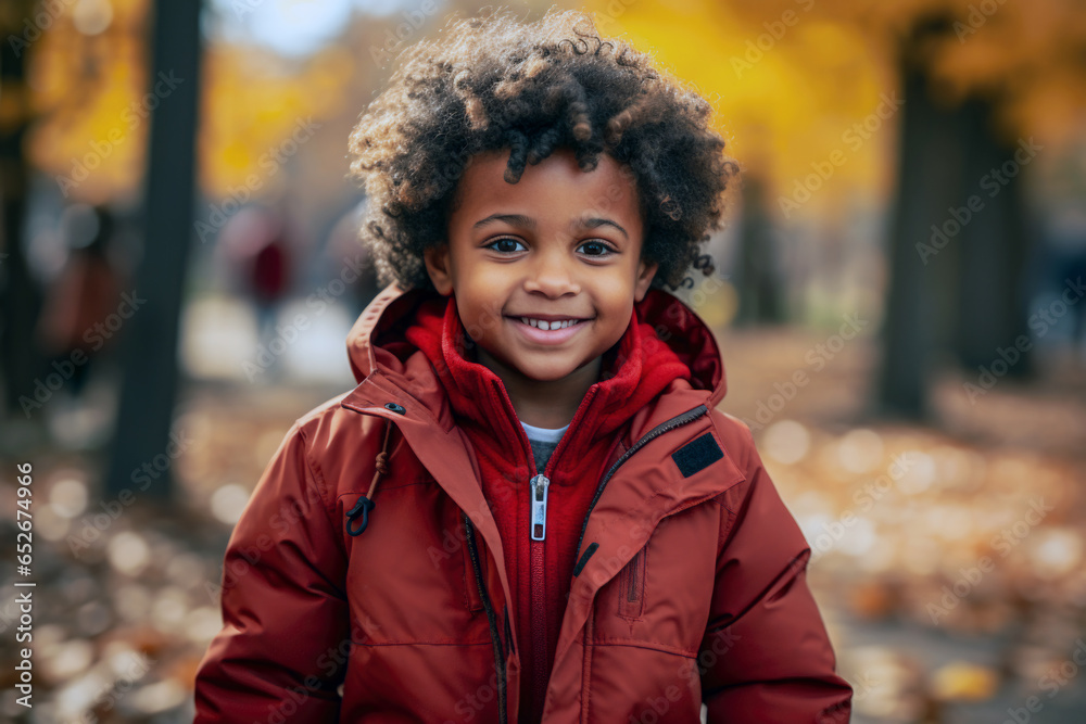 Wall mural portrait of a fictional african-american little boy wearing a red hooded jacket and a bright red jum