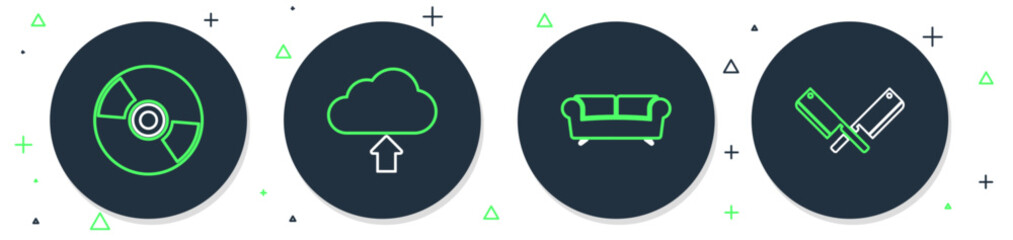 Set line Cloud upload, Sofa, CD or DVD disk and Crossed meat chopper icon. Vector