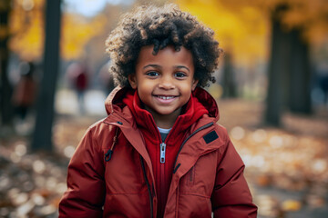 Portrait of a fictional African-American little boy wearing a red hooded jacket and a bright red jumper in an autumn park. Concept of playfulness, optimism in the autumn seasons.   - obrazy, fototapety, plakaty