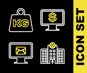 Set line Monitor with dollar, Medical hospital building, and envelope and Weight icon. Vector