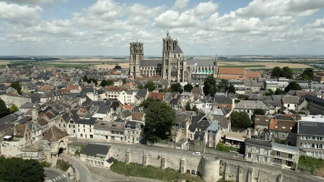 Laon French Town Gate House City Wall Cathedral Notre-Dame France Aerial View Medieval Historic