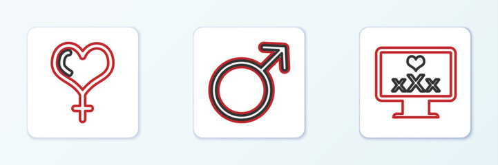 Set line Monitor with 18 plus content, Female gender and heart and Male symbol icon. Vector