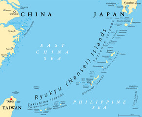 Ryukyu Islands, also known as Nansei Islands, political map. The Ryukyu Arc, a Japanese, mostly volcanic island chain stretching from Kyushu, Japan, to the westernmost Yonaguni Island, east of Taiwan.