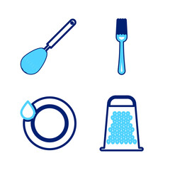 Set line Grater, Washing dishes, Fork and Kitchen whisk icon. Vector