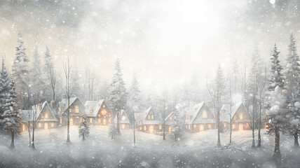 Naklejka premium postcard, christmas houses in snowfall, winter white background, festive art and illustration