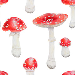 Watercolor seamless hand drawn pattern of fly agaric mushrooms. Hand drawn botanical realistic illustration for eco goods, textiles, natural herbal medicine, healthy tea, cosmetics, homeopatic remedie
