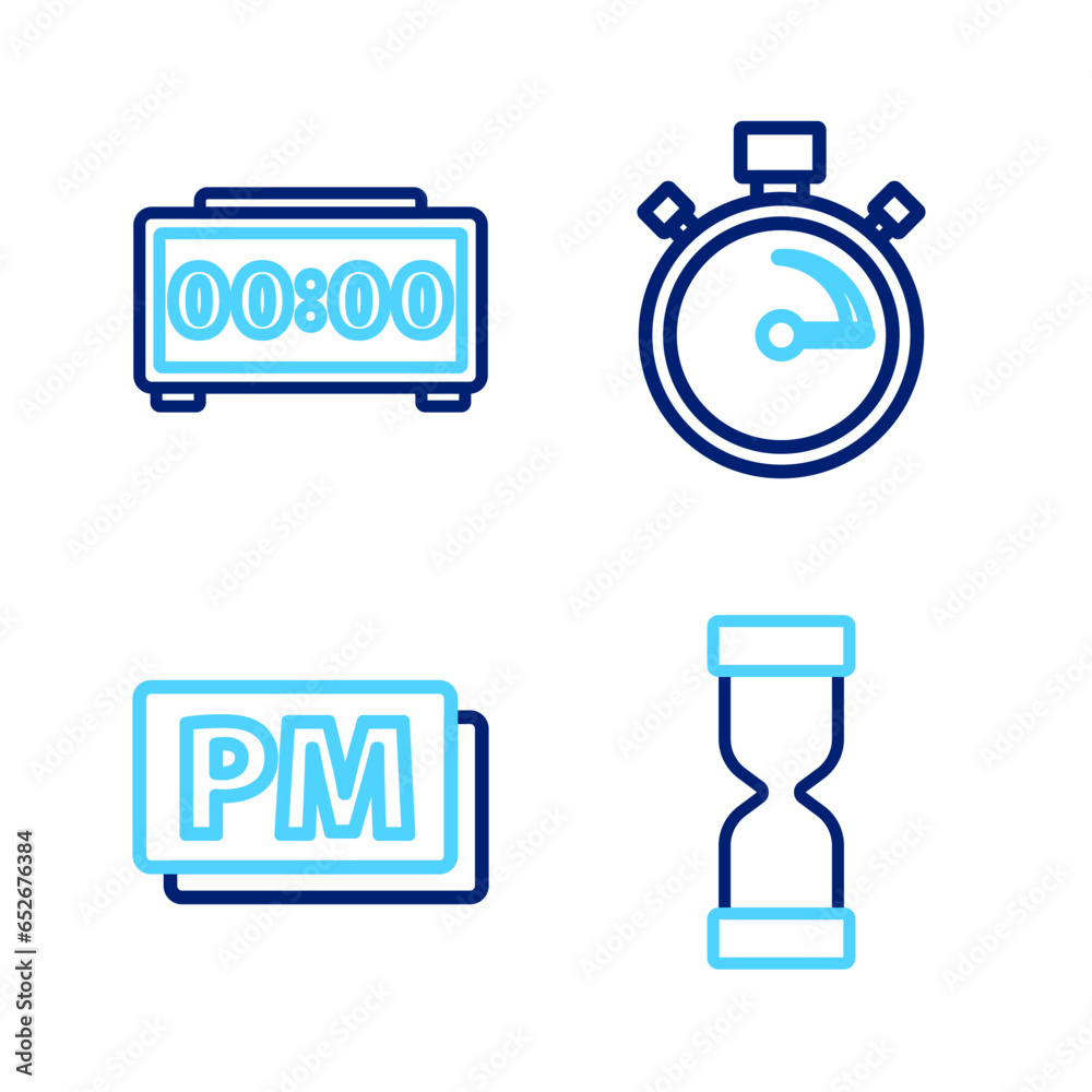 Poster set line old hourglass, clock pm, stopwatch and digital alarm clock icon. vector