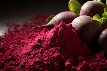 A Close-Up View of Beetroot Powder, Capturing the  Nutritional Bounty of This Natural Superfood - obrazy, fototapety, plakaty
